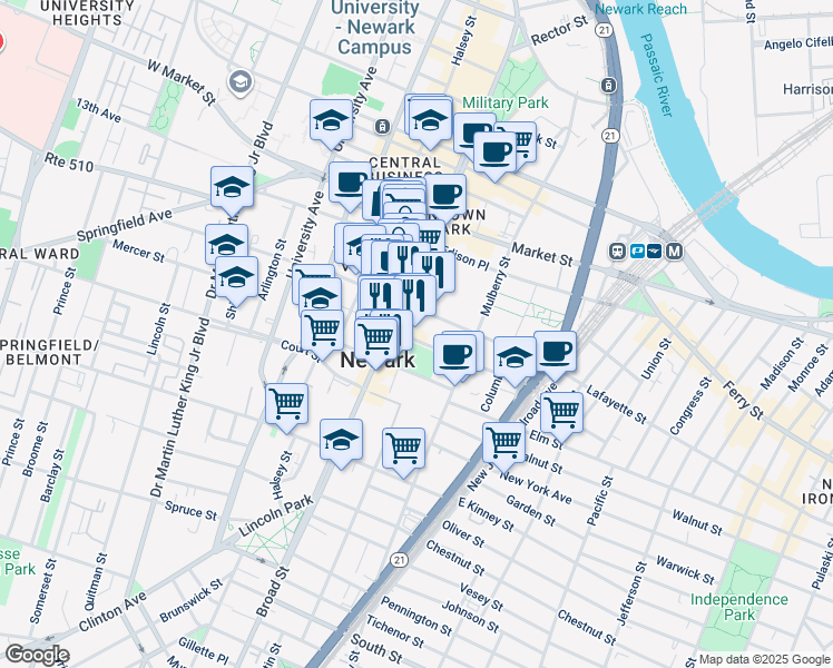 map of restaurants, bars, coffee shops, grocery stores, and more near 900 Green Street in Newark
