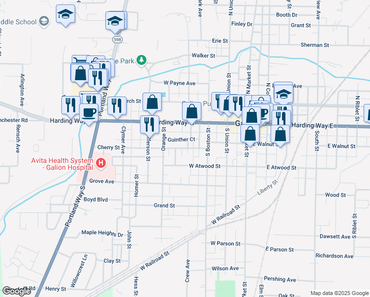 map of restaurants, bars, coffee shops, grocery stores, and more near 374 Cherry Street in Galion