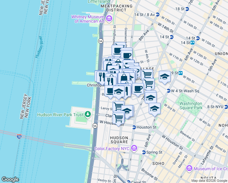 map of restaurants, bars, coffee shops, grocery stores, and more near 666 Greenwich Street in New York