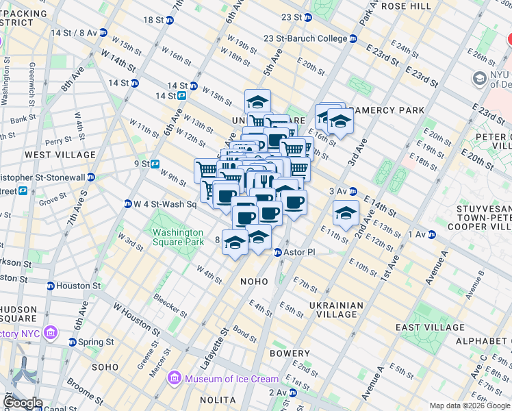 map of restaurants, bars, coffee shops, grocery stores, and more near 76 East 11th Street in New York