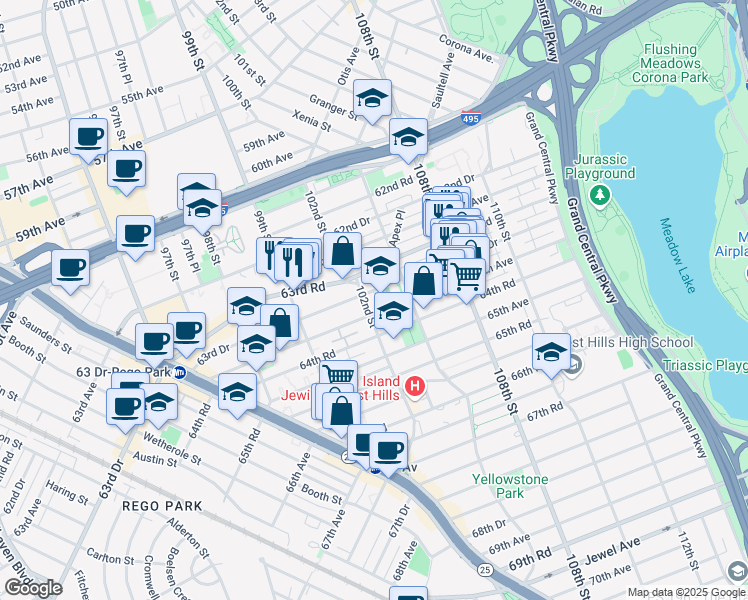 map of restaurants, bars, coffee shops, grocery stores, and more near 63-55 102nd Street in Queens