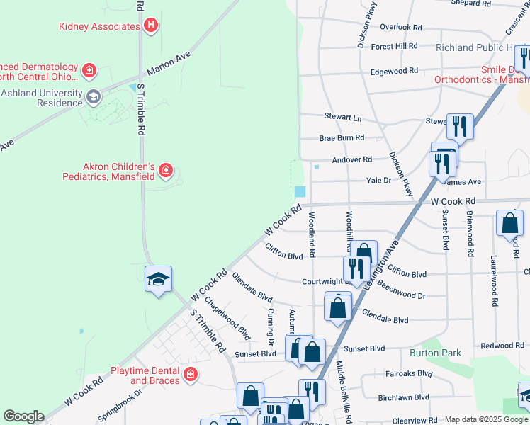 map of restaurants, bars, coffee shops, grocery stores, and more near 856 West Cook Road in Mansfield