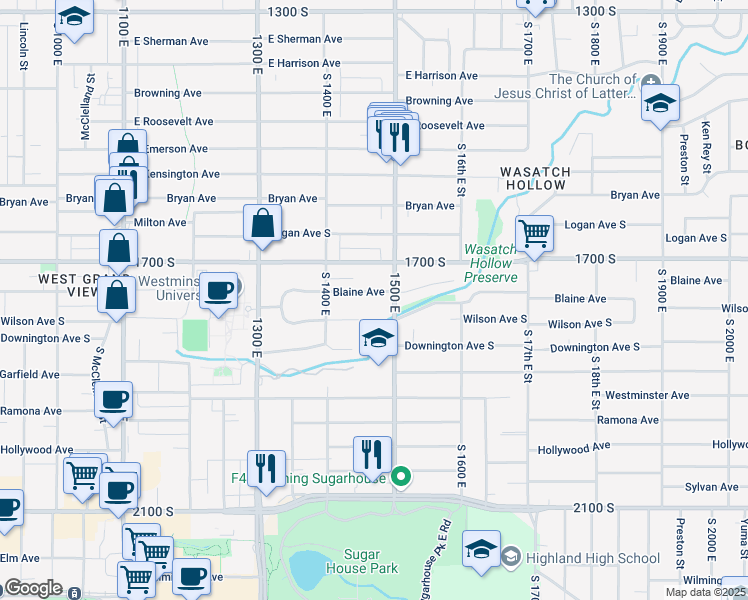 map of restaurants, bars, coffee shops, grocery stores, and more near 1466 Blaine Avenue in Salt Lake City