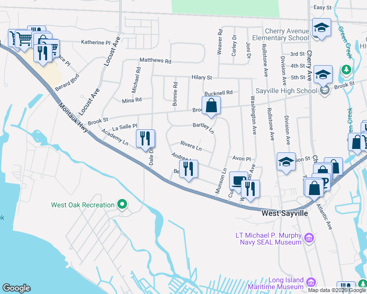 map of restaurants, bars, coffee shops, grocery stores, and more near 12 Rivera Lane in West Sayville