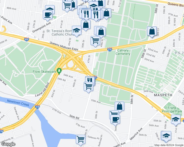 map of restaurants, bars, coffee shops, grocery stores, and more near 51 48th Street in Queens