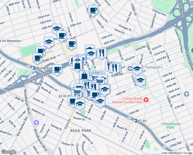 map of restaurants, bars, coffee shops, grocery stores, and more near in Queens