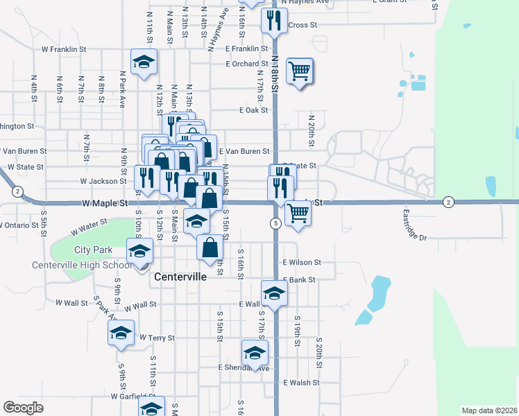 map of restaurants, bars, coffee shops, grocery stores, and more near 400-648 East Maple Street in Centerville