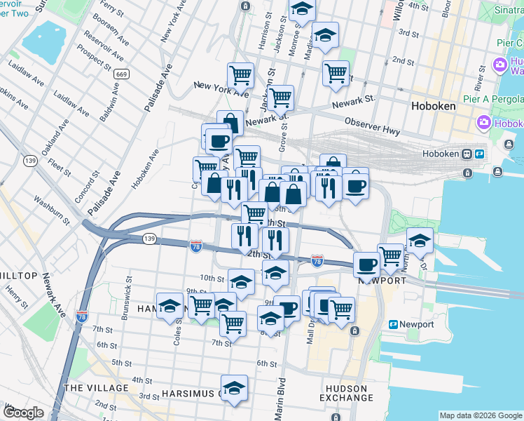 map of restaurants, bars, coffee shops, grocery stores, and more near 209 16th Street in Jersey City