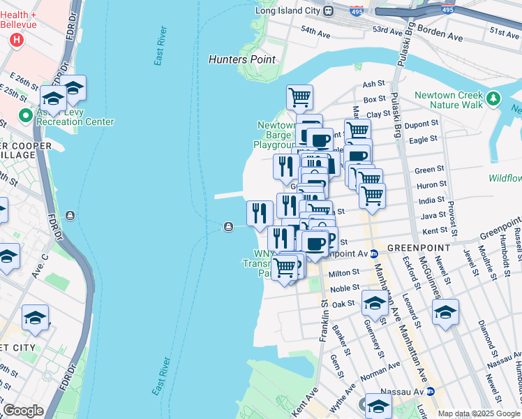 map of restaurants, bars, coffee shops, grocery stores, and more near 21 India Street in Brooklyn