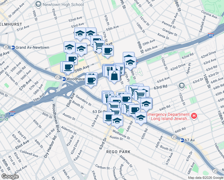 map of restaurants, bars, coffee shops, grocery stores, and more near 61-55 Junction Boulevard in Queens