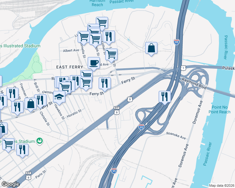 map of restaurants, bars, coffee shops, grocery stores, and more near 667-683 Ferry Street in Newark