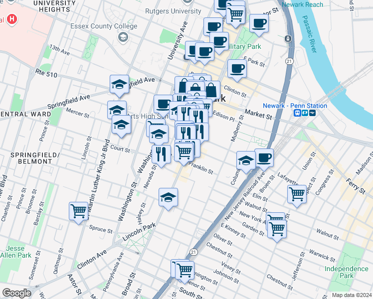map of restaurants, bars, coffee shops, grocery stores, and more near 915 Broad Street in Newark