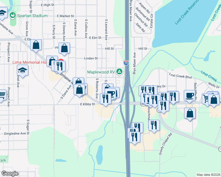 map of restaurants, bars, coffee shops, grocery stores, and more near 695 South Leonard Avenue in Lima