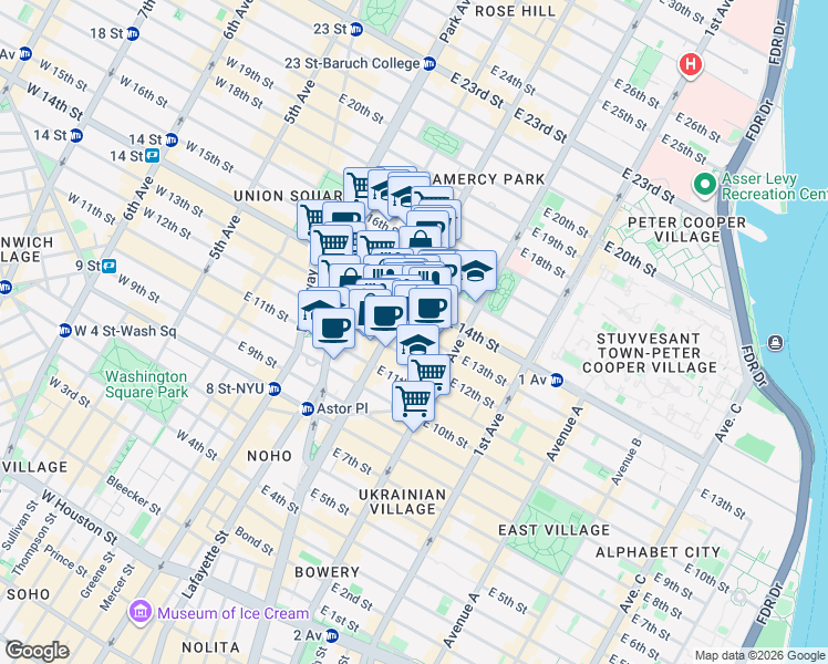 map of restaurants, bars, coffee shops, grocery stores, and more near 217 East 13th Street in New York