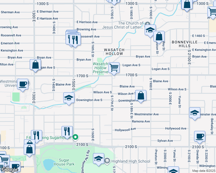 map of restaurants, bars, coffee shops, grocery stores, and more near 1670 Blaine Avenue in Salt Lake City
