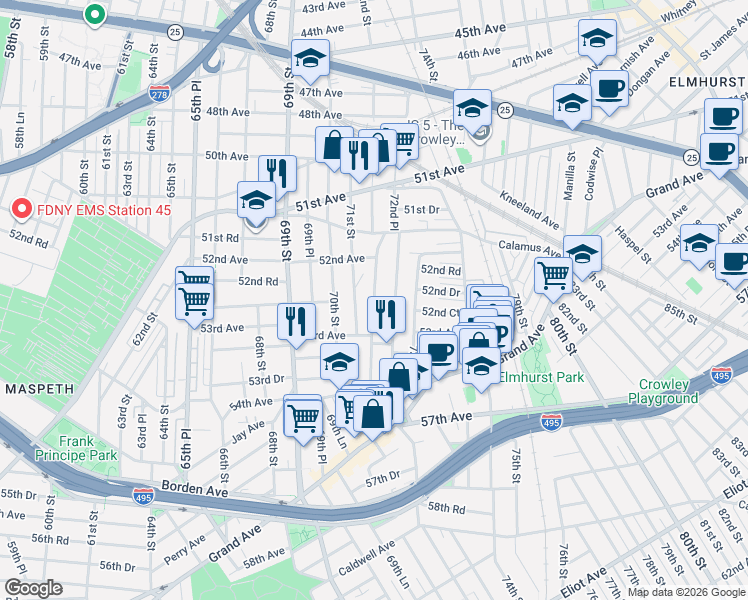 map of restaurants, bars, coffee shops, grocery stores, and more near 52-40 72nd Place in Queens