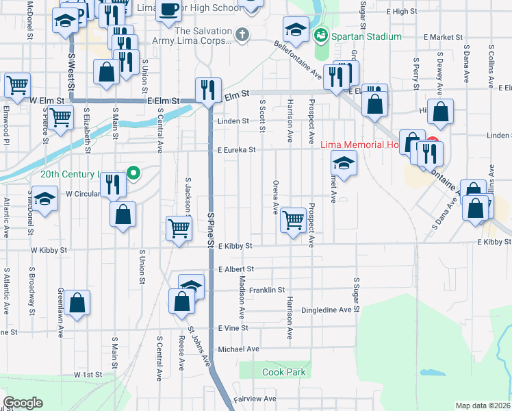 map of restaurants, bars, coffee shops, grocery stores, and more near 604 South Scott Street in Lima