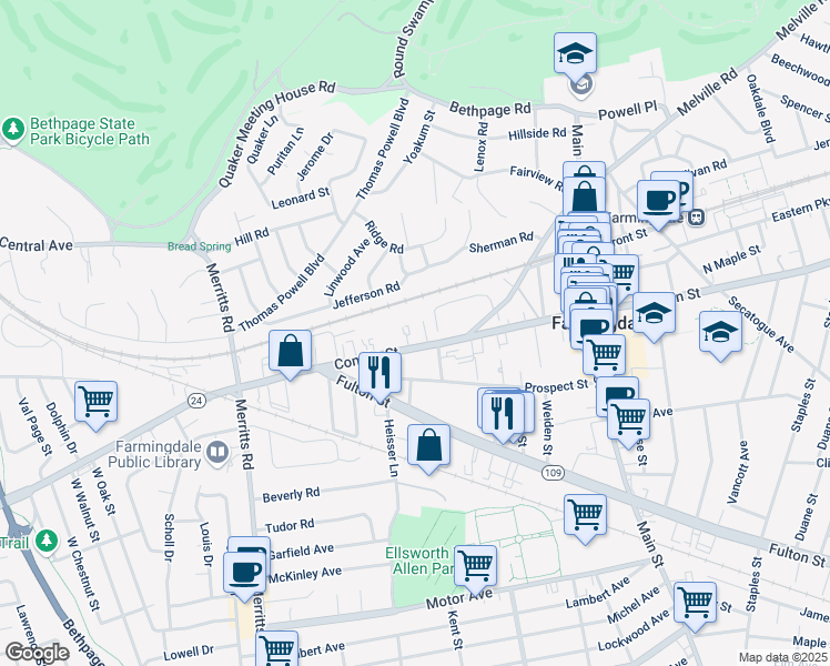 map of restaurants, bars, coffee shops, grocery stores, and more near 37 Dale Drive in Farmingdale