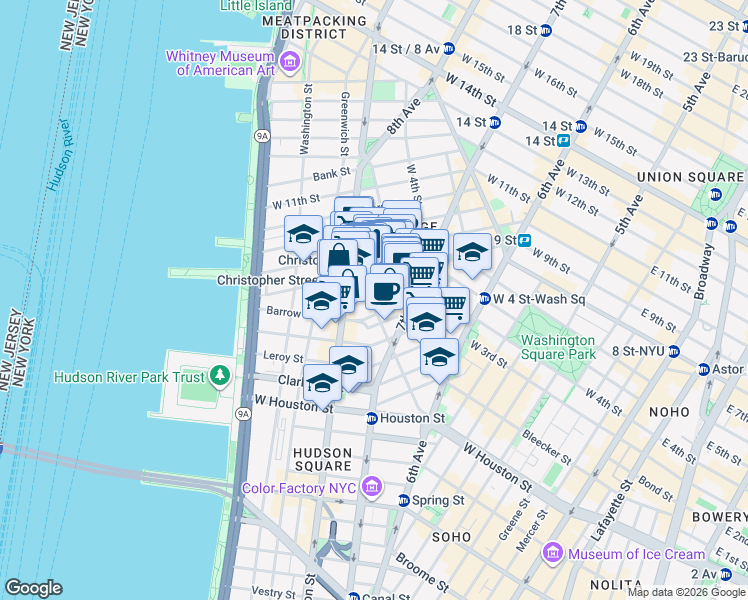 map of restaurants, bars, coffee shops, grocery stores, and more near 110 Christopher Street in New York
