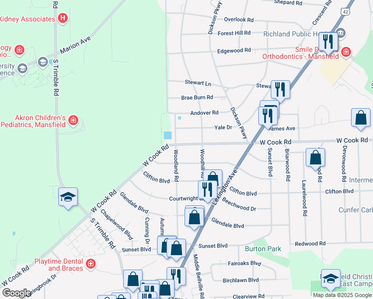 map of restaurants, bars, coffee shops, grocery stores, and more near 653 West Cook Road in Mansfield