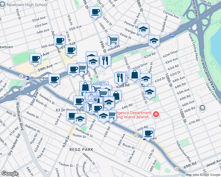 map of restaurants, bars, coffee shops, grocery stores, and more near 63-33 98th Place in Queens