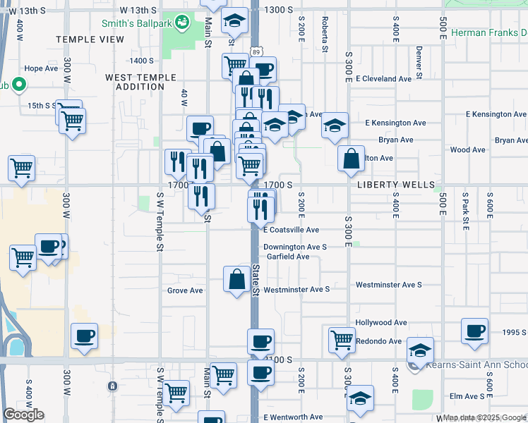 map of restaurants, bars, coffee shops, grocery stores, and more near 1749 State Street in Salt Lake City