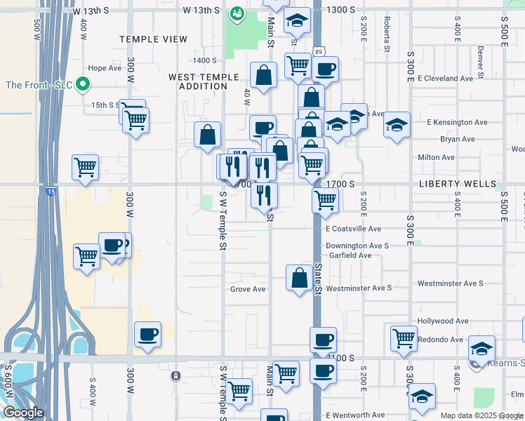map of restaurants, bars, coffee shops, grocery stores, and more near 1739 South Main Street in Salt Lake City