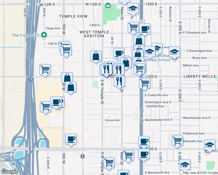 map of restaurants, bars, coffee shops, grocery stores, and more near 1739 Richards Street in Salt Lake City
