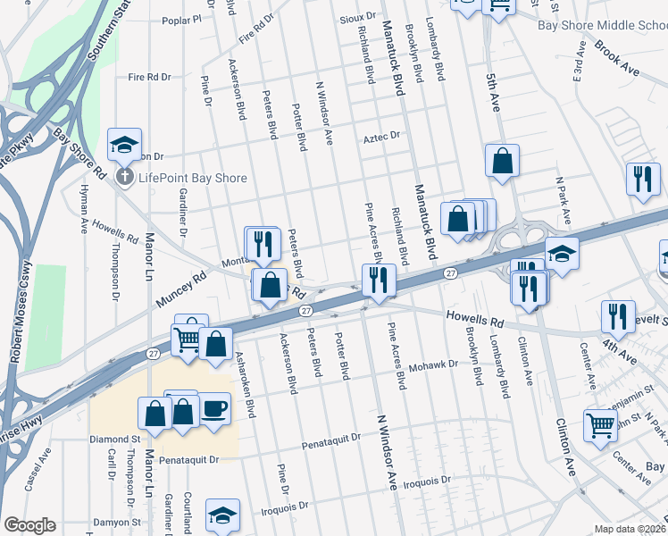 map of restaurants, bars, coffee shops, grocery stores, and more near 1306 North Windsor Avenue in Bay Shore