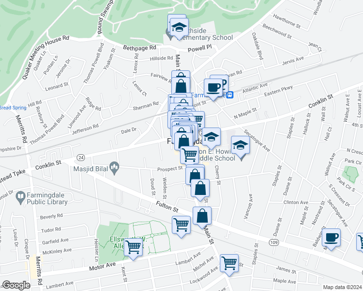 map of restaurants, bars, coffee shops, grocery stores, and more near in Farmingdale