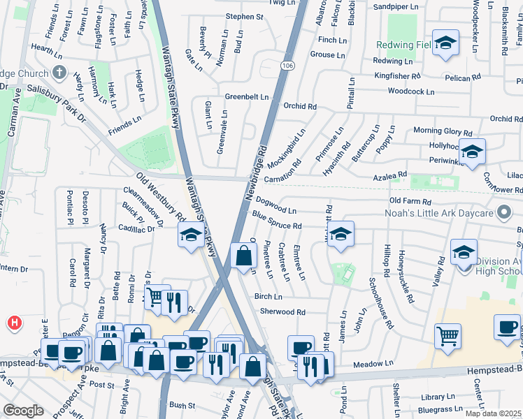 map of restaurants, bars, coffee shops, grocery stores, and more near 2 Dogwood Lane in Levittown