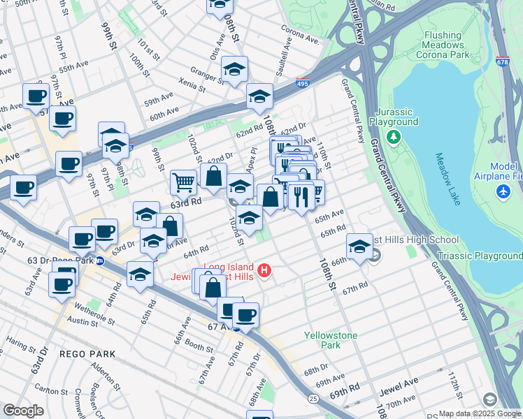 map of restaurants, bars, coffee shops, grocery stores, and more near 63-55 102nd Street in Queens