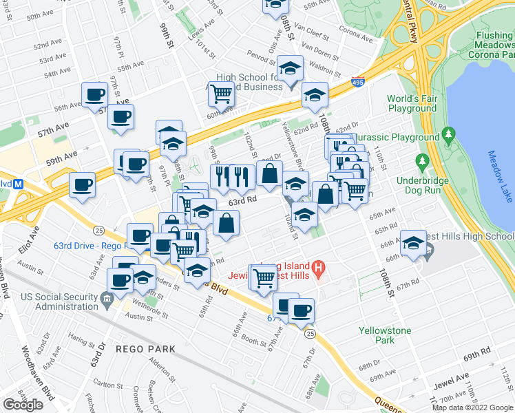 map of restaurants, bars, coffee shops, grocery stores, and more near 99-44 63rd Road in Queens