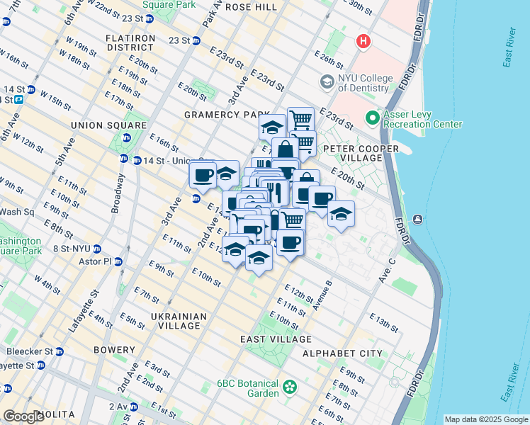 map of restaurants, bars, coffee shops, grocery stores, and more near 275 1st Avenue in New York