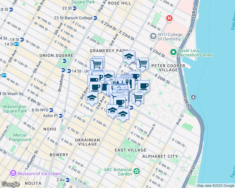 map of restaurants, bars, coffee shops, grocery stores, and more near 334 East 15th Street in New York