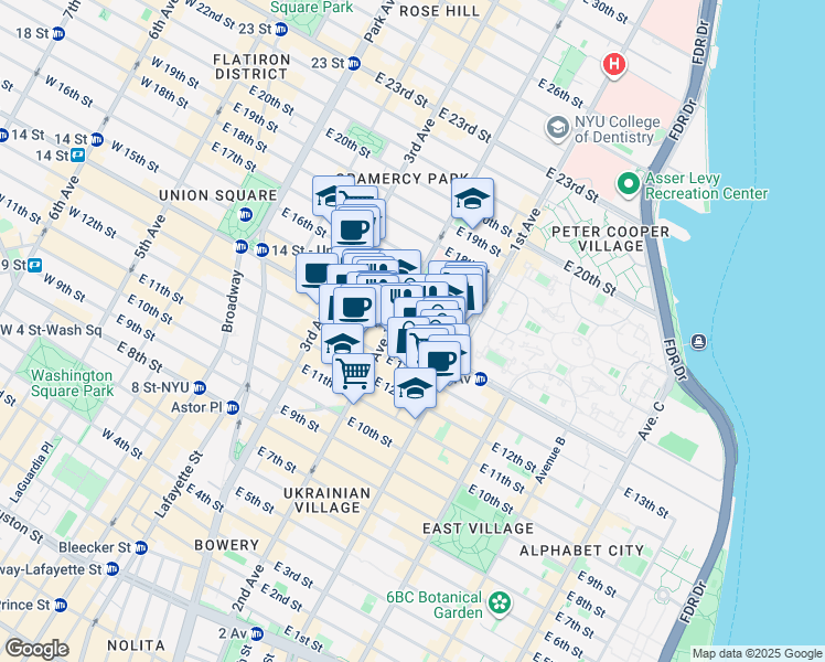 map of restaurants, bars, coffee shops, grocery stores, and more near 238 East 15th Street in New York