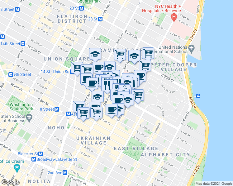 map of restaurants, bars, coffee shops, grocery stores, and more near in New York