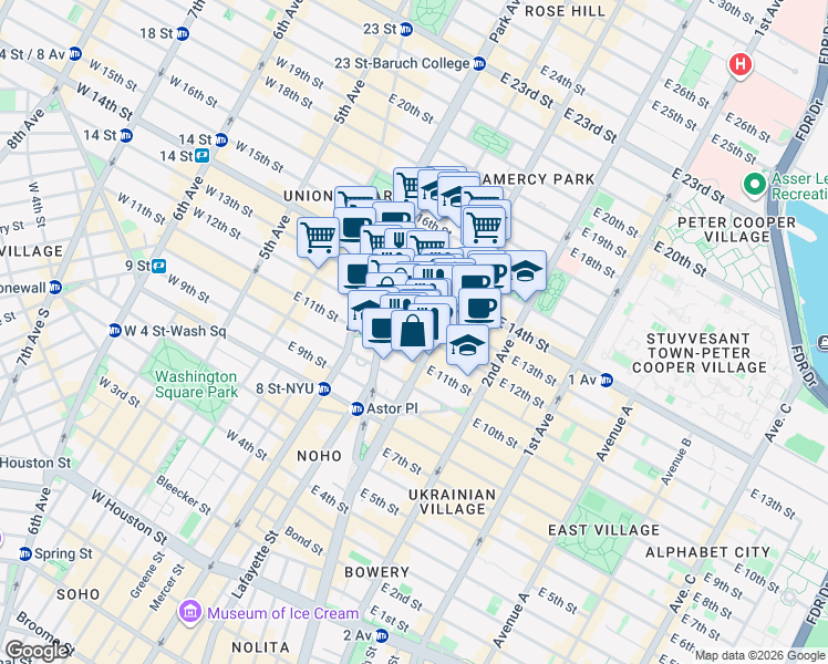 map of restaurants, bars, coffee shops, grocery stores, and more near 126-128 East 13th Street in New York