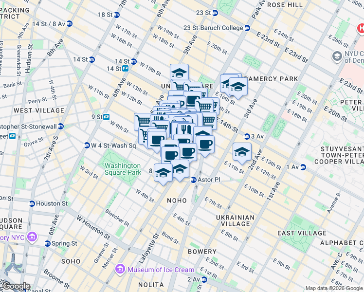 map of restaurants, bars, coffee shops, grocery stores, and more near 76 East 11th Street in New York