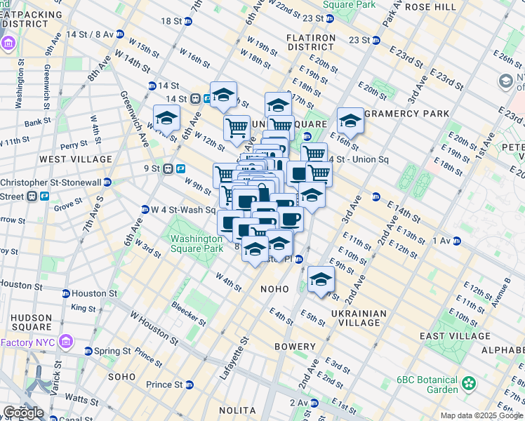 map of restaurants, bars, coffee shops, grocery stores, and more near 21 East 10th Street in New York