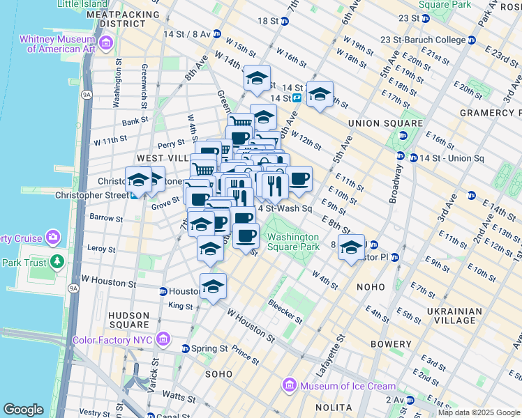 map of restaurants, bars, coffee shops, grocery stores, and more near 340 6th Avenue in New York