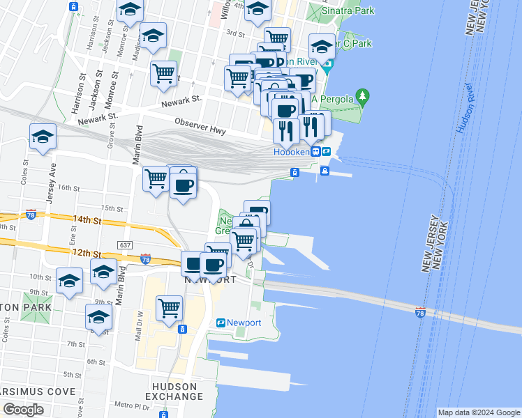 map of restaurants, bars, coffee shops, grocery stores, and more near 75 River Drive in Jersey City