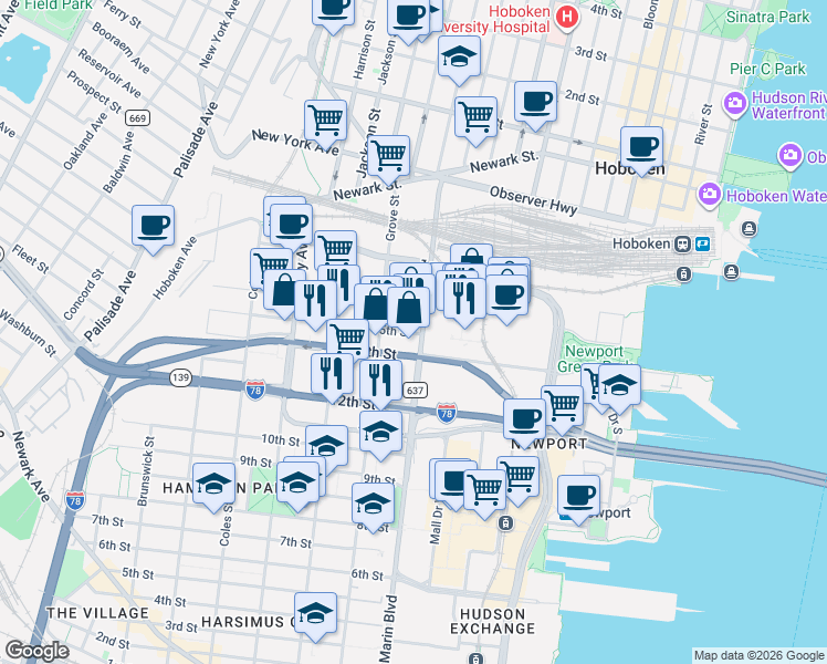 map of restaurants, bars, coffee shops, grocery stores, and more near in Jersey City