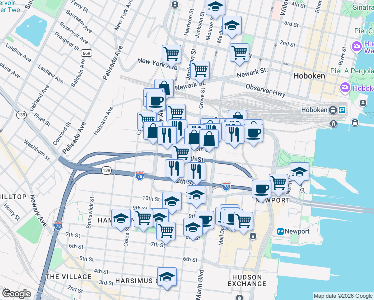 map of restaurants, bars, coffee shops, grocery stores, and more near 209 16th Street in Jersey City