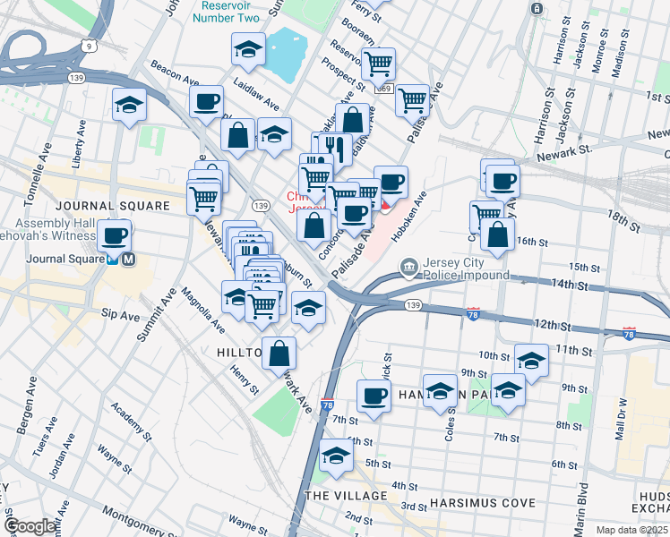map of restaurants, bars, coffee shops, grocery stores, and more near 91 Palisade Avenue in Jersey City