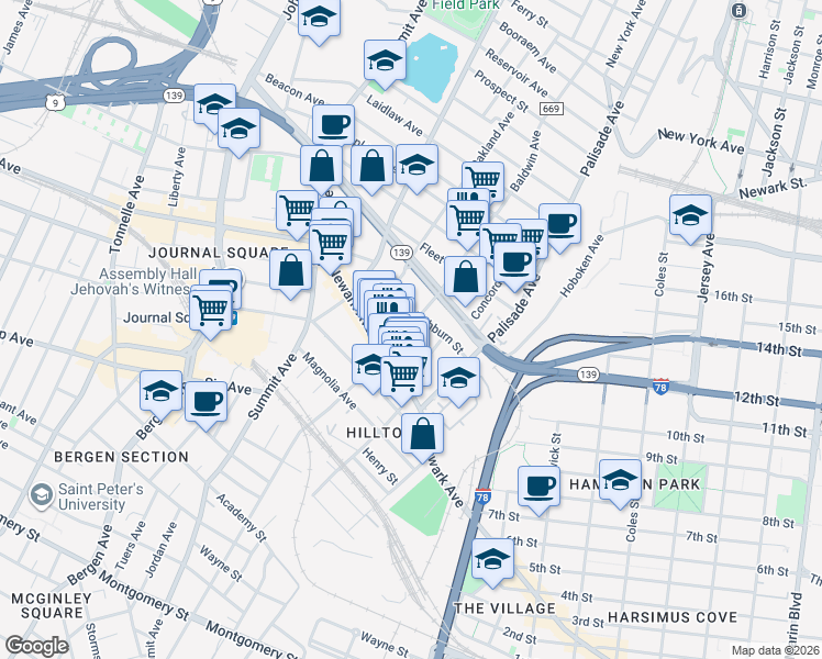 map of restaurants, bars, coffee shops, grocery stores, and more near 46 Washburn Street in Jersey City