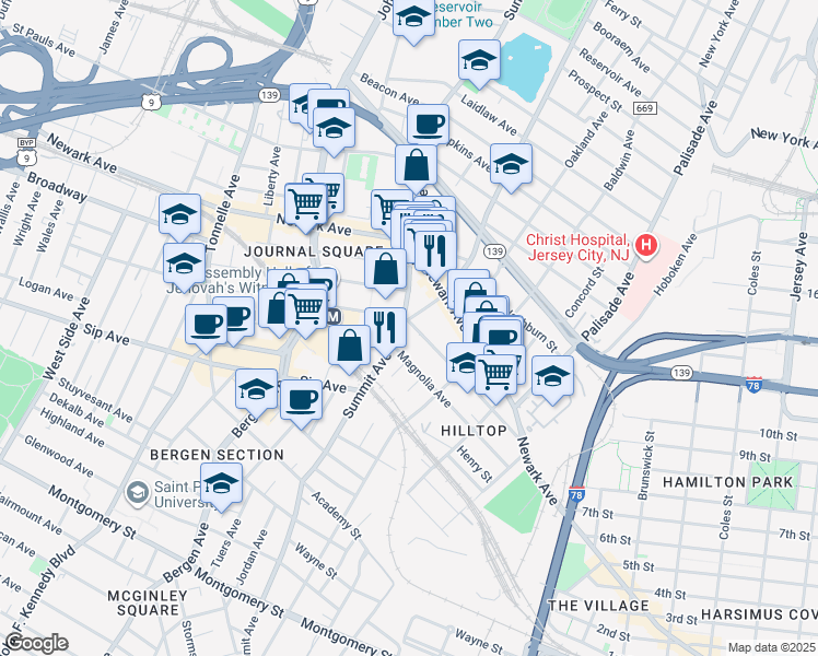 map of restaurants, bars, coffee shops, grocery stores, and more near in Jersey City
