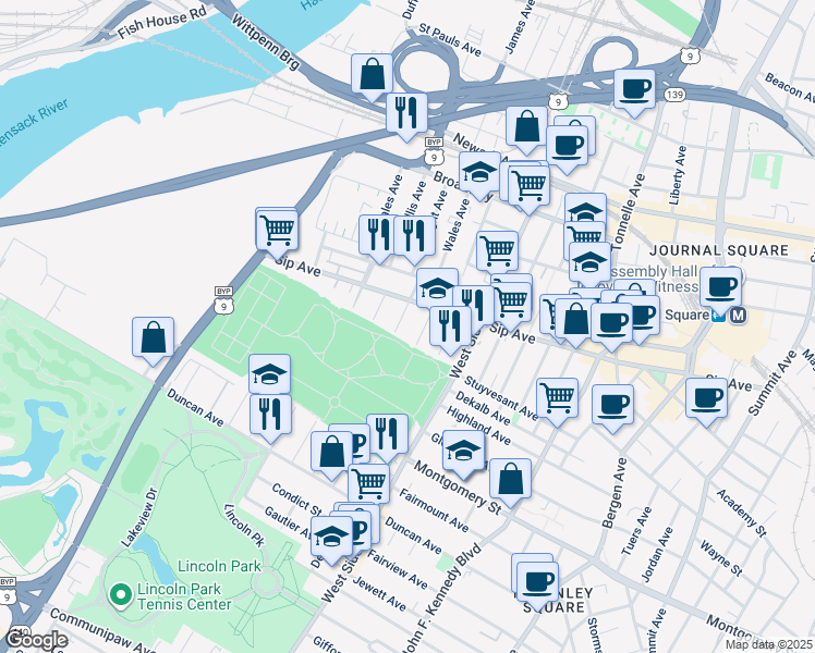 map of restaurants, bars, coffee shops, grocery stores, and more near 11 Bryant Avenue in Jersey City