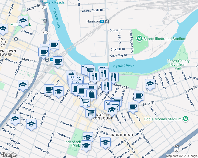 map of restaurants, bars, coffee shops, grocery stores, and more near 854 Raymond Boulevard in Newark