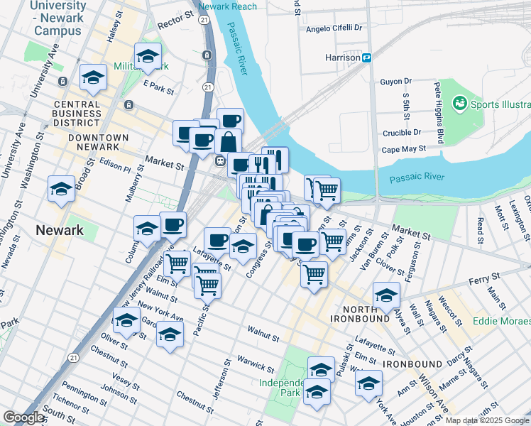 map of restaurants, bars, coffee shops, grocery stores, and more near 22/24 Prospect Street in Newark